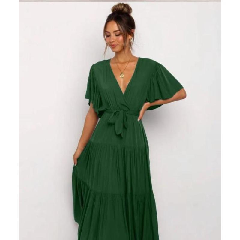 New v-neck commuter solid color short-sleeved waist dress, bohemian dress