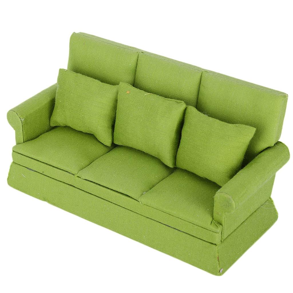 1:12 Doll House Mini Sofa with 3pcs Pillow Living Room Furniture Wooden Doll House Decoration AccessoriesGreen