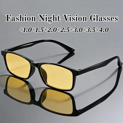 Men's Square-framed Night Vision Glasses Fashion High Definition Yellow Lenses Reading Glasses Women Plus Diopter Presbyopia