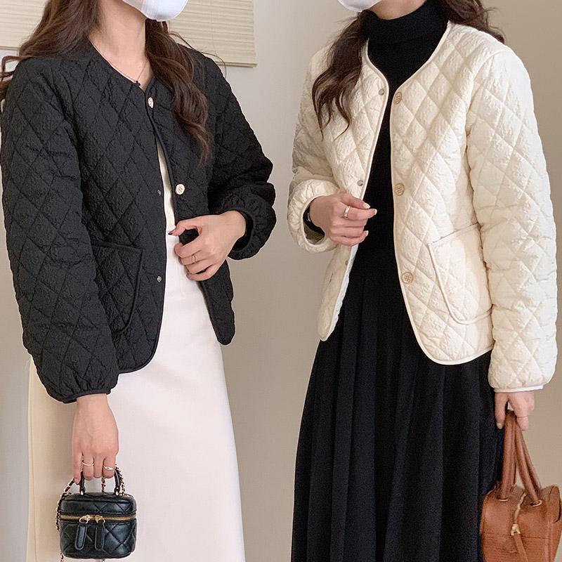 Women's Autumn Winter O Neck Long Sleeve Button Big Pocket Short Warm Parka Chic Jacket