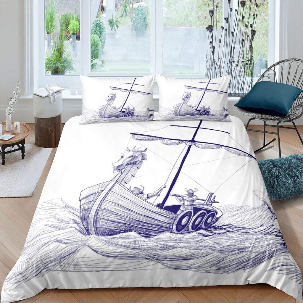 Sailboat Duvet Cover Set Microfiber Nautical Decor Queen Retro Pirate Sailboat Comforter Cover Sunset Marine Pattern Bedding Set