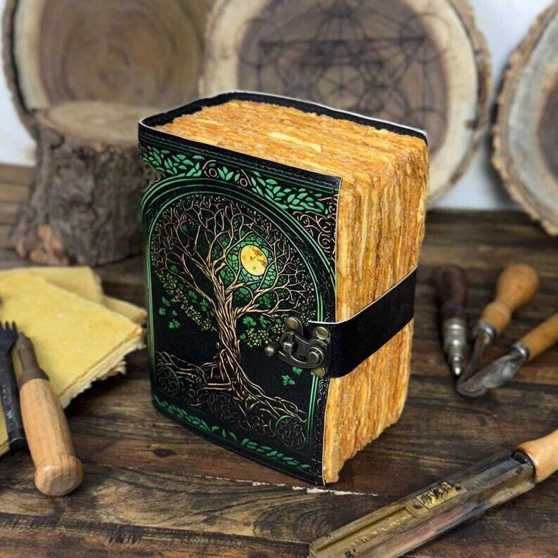 Handmade Green Tree of Life Leather Journal Embossed Vintage Notebook