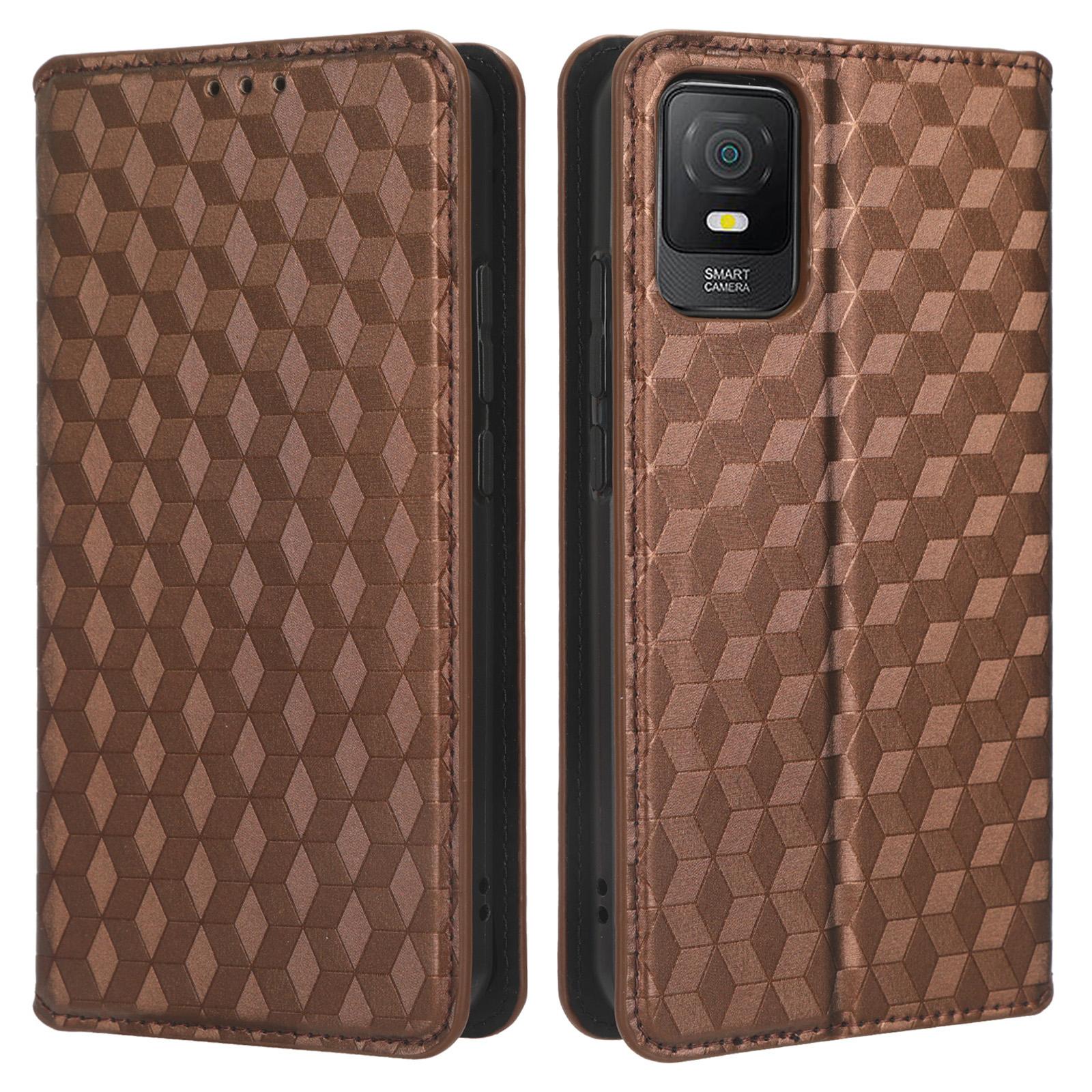 

PU Leather Phone Stand Case for TCL 403,Imprinted Rhombus Pattern Wallet Cell Phone Cover Brown