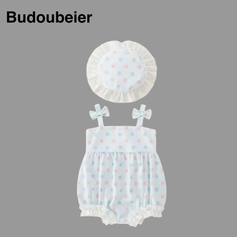 Infant Summer Triangle Romper for Girls, Stylish Polka Dot Hooded Jumpsuit Blue (Comes with a Hat) 59