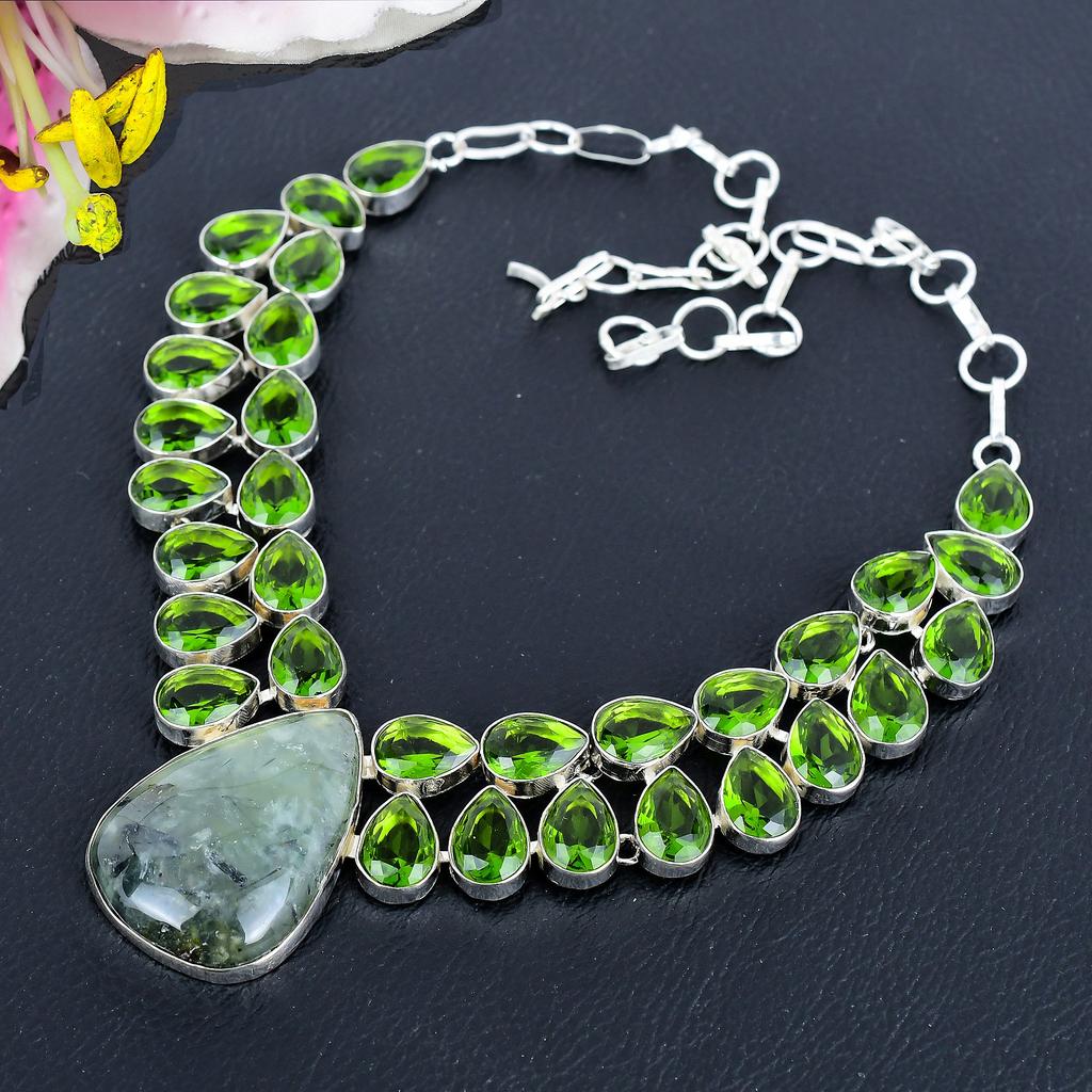 Prehnite, Peridot Gemstone 925 Sterling Silver Jewelry Necklace 18" KG-1847