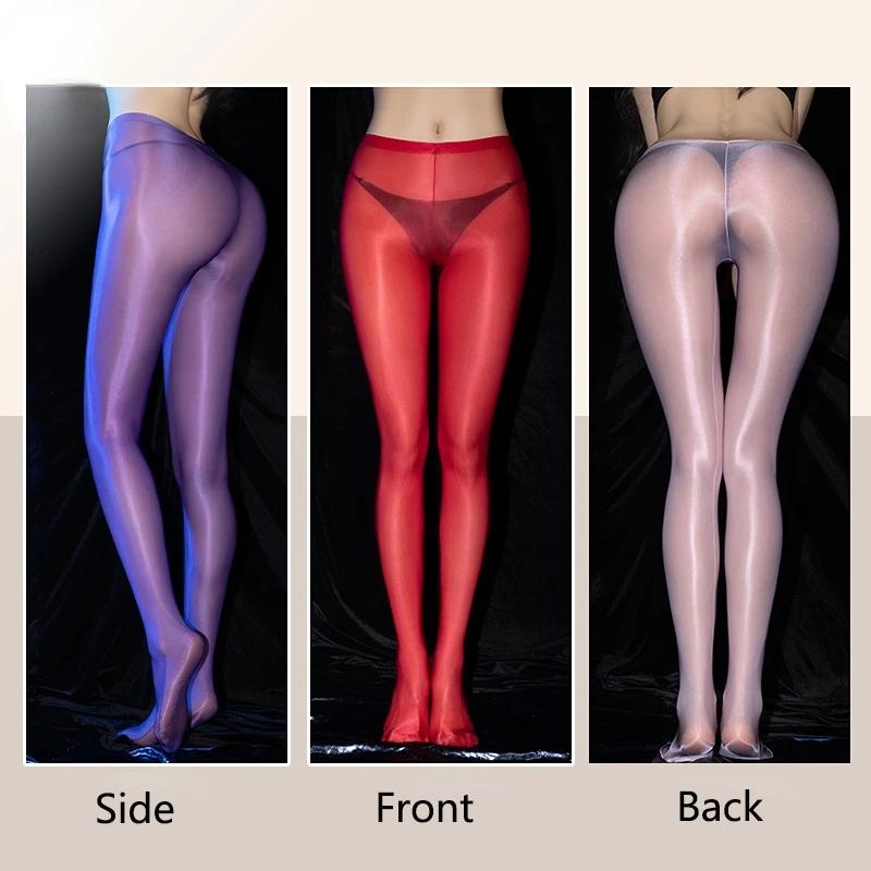 Women 8D Oil Shiny Transparent Stockings Plus Size Glossy Open Crotch Pantyhose Skinny Leg Tights High Elasticity Dance Clubwear