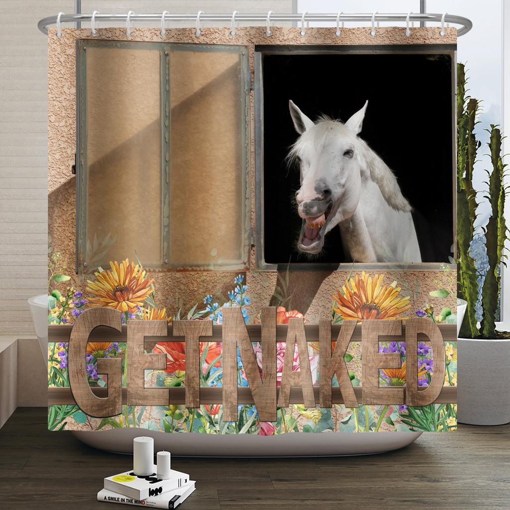 Bauernhoftiere Duschvorhang Niedlich Lustig Kuh Huhn Schwein Blume Pferd Holz Bauernhaus Scheune Rustikal Duschvorhang für Badezimmerdeko