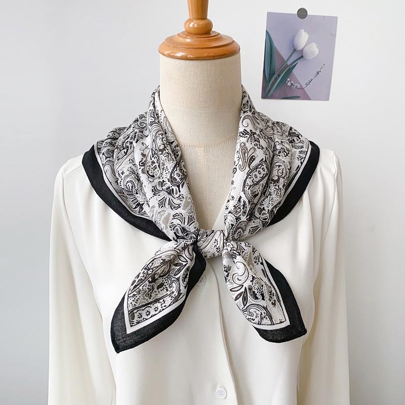 French retro floral small silk scarf women's professional decorative scarf cotton and linen small square scarf dual-purpose shawl outer scarf