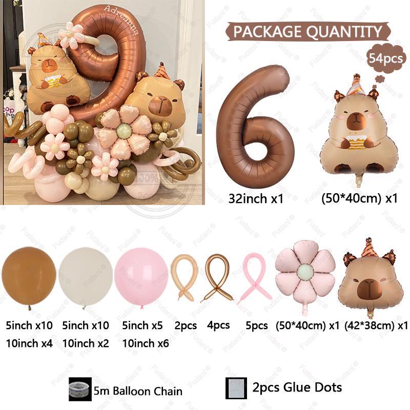 54pcs Retro Caramel Color Balloons Set Capybara Aluminum Foil Balloon Digital 1-9 Aluminum Film Ballons Birthday Party Supply