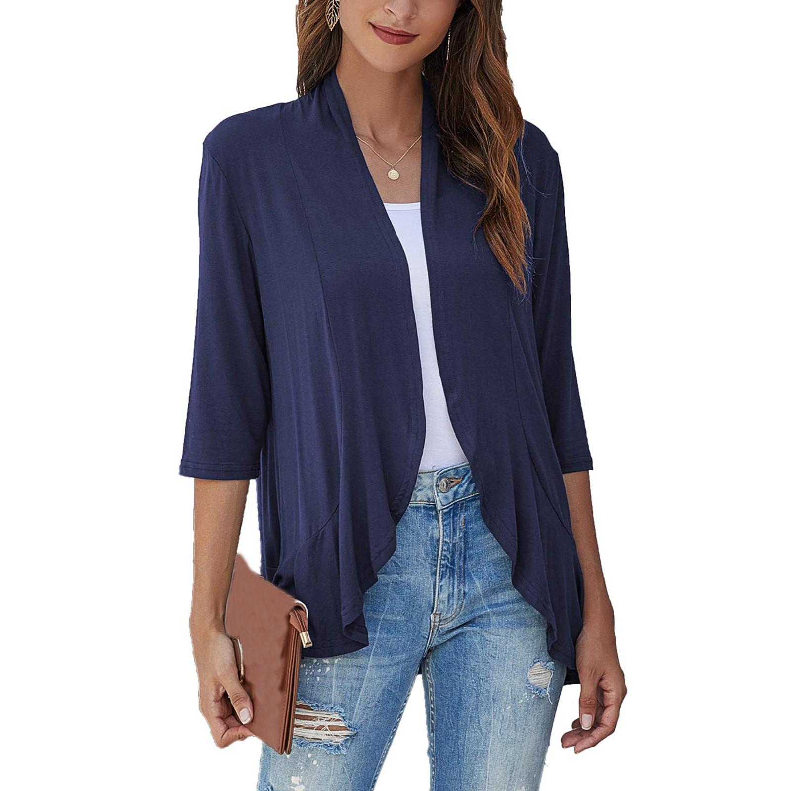 

Женский модный повседневный кардиган с рукавом семь восьмых, однотонный, с оборками L