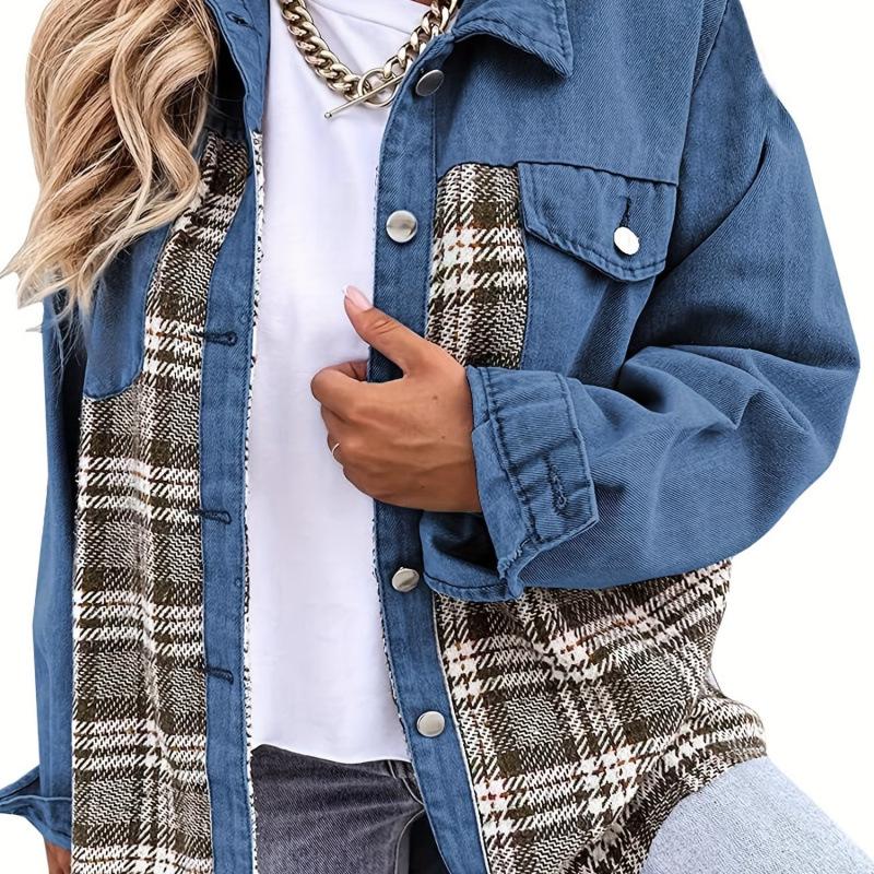 

2026 European & American Style Patchwork Plaid Denim Jacket - Soft, Warm, Fashionable Medium