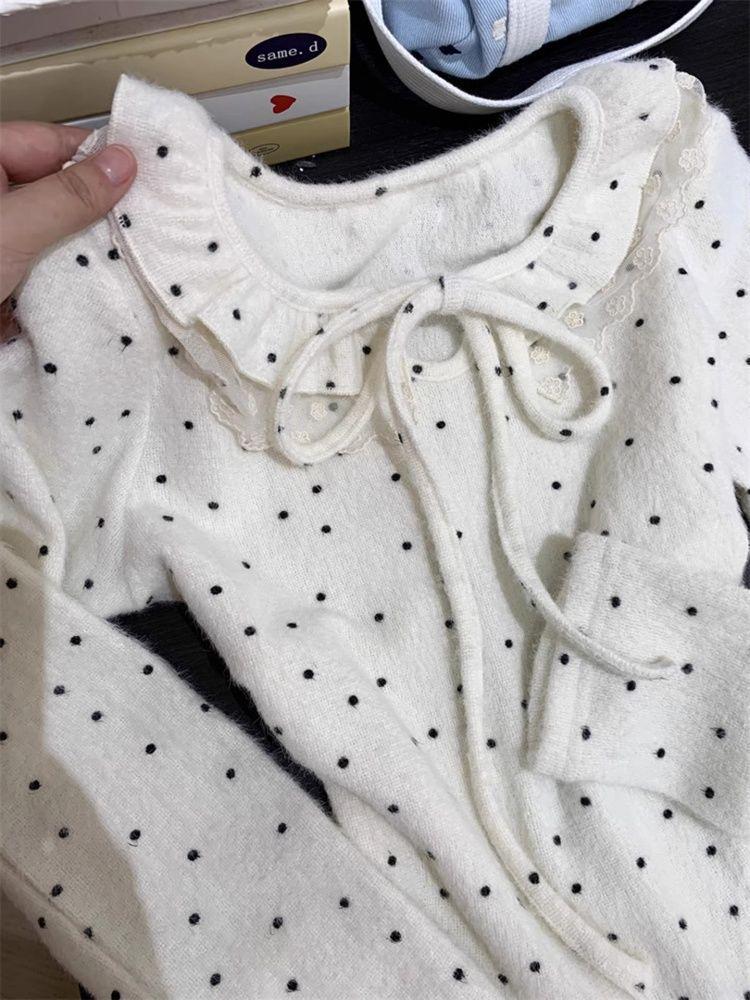 Korean Sweet & Spicy Polka Dot Lace Trim Long Sleeve Women's Winter T-shirt