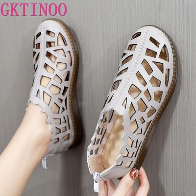 Mode GKTINOO 2025 Sommar Äkta Läder Hålmönstrade Skor Damsandaler Casual Sneakers Platt Mjuk Sula Bekväma Sandaler Stor Storlek