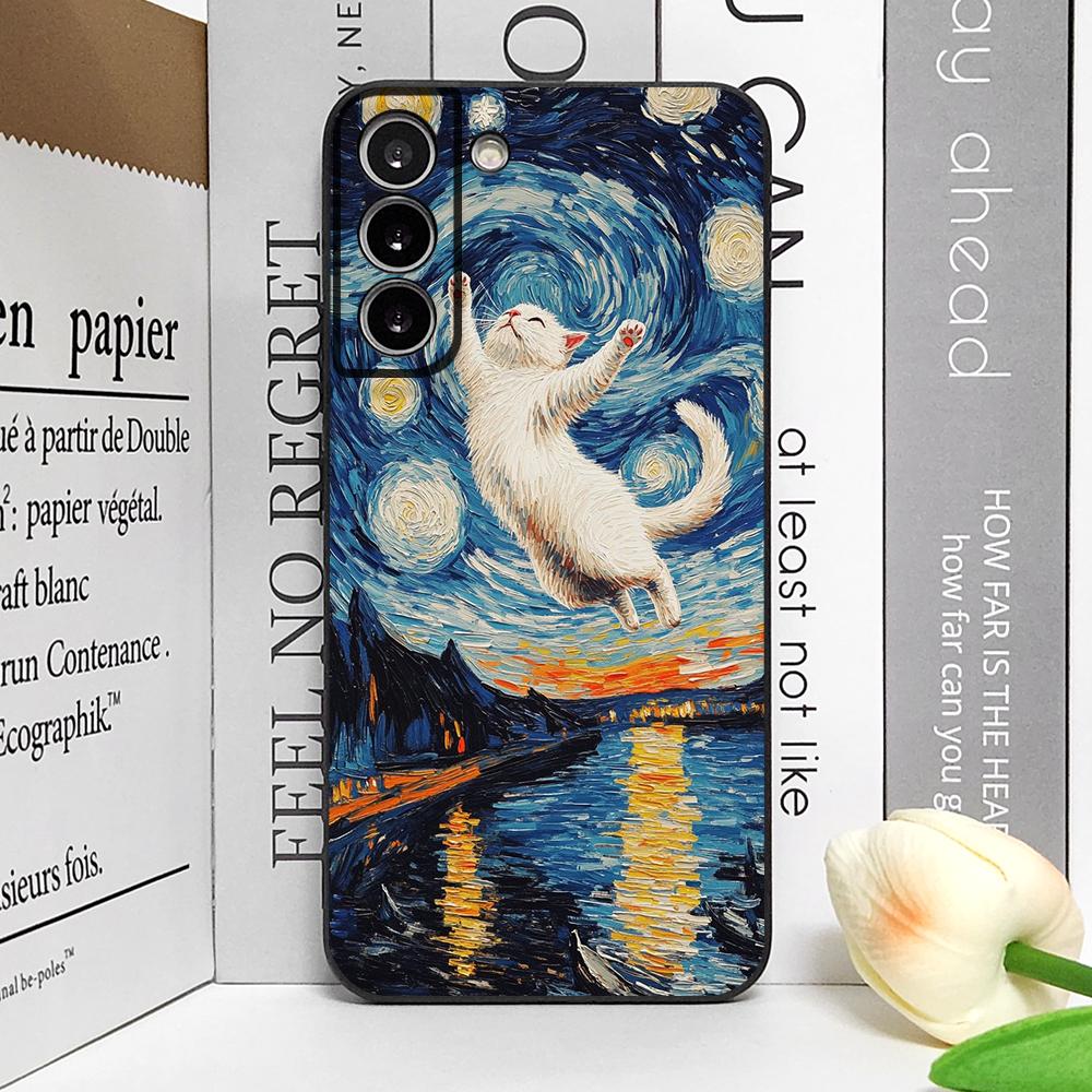 Cute Van-Gogh Starry Night Cat Phone Case for Samsung Galaxy S22 S23 S24 Ultra S25 Plus S21 FE 5G Soft Silicon Cover Fundas Capa