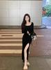 Sexy Spice Girl Split Hip Wrap Dress Women's Early Autumn New Temperament Slim and Skinny Long Sleeve Bottom Skirt