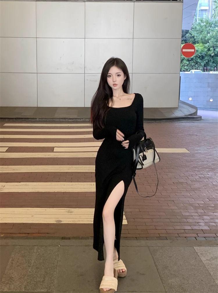 Sexy Spice Girl Split Hip Wrap Dress Women's Early Autumn New Temperament Slim and Skinny Long Sleeve Bottom Skirt