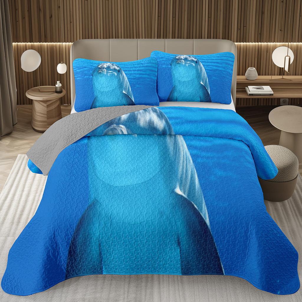 Cute Dolphin Bedspread Twin/King Reversible Grey Quilted Coverlet Ocean Animal Bedding Set 2/3 Pieces Soft Lightweight Quilt Set