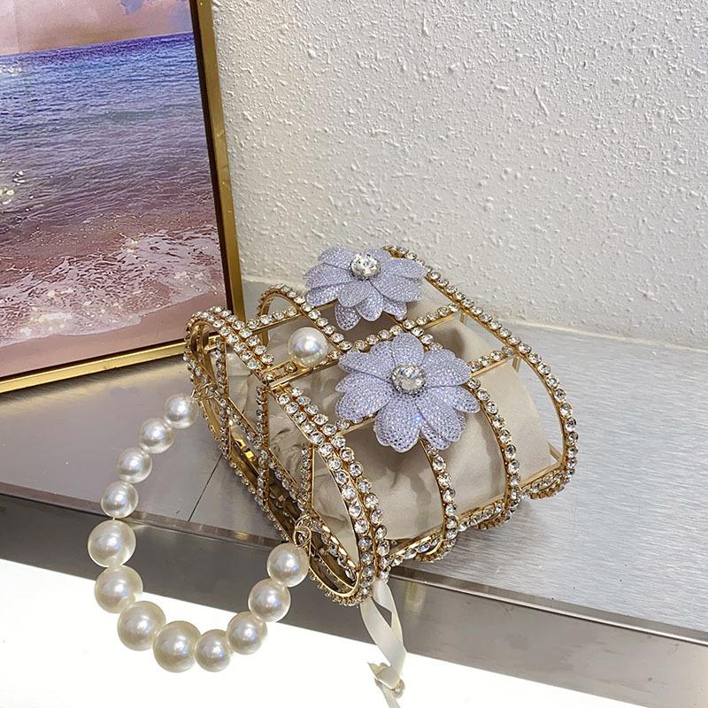 Design Bags Rhinestones Heavy Industry Metal Flowers Cage Fashion Trend Dinner Messenger Bag