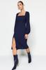 Women's Dress New Season Fashion Navy Blue Slit Square Collar Woven Dress