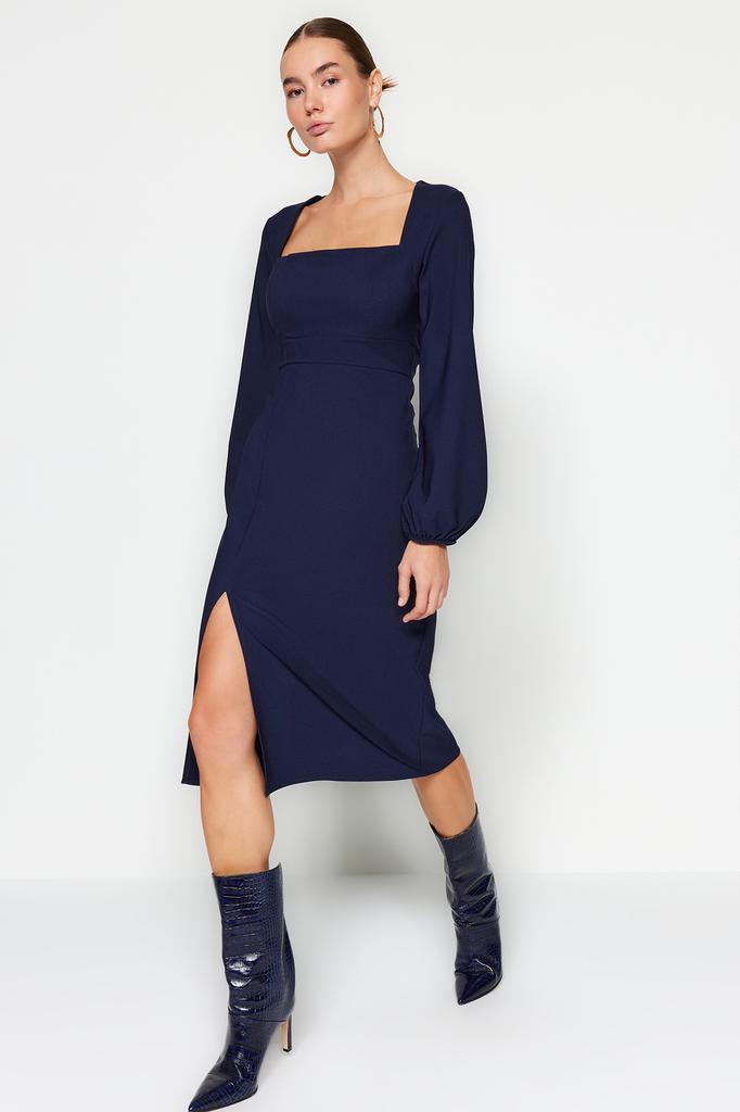 Women's Dress New Season Fashion Navy Blue Slit Square Collar Woven Dress
