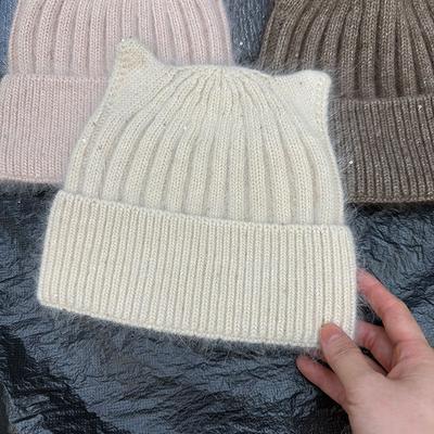 Cute Age-reducing Versatile Plush Cat Ears Thickened Wool Hat Women's Autumn and Winter Warm Rabbit Hair Knitted Hat Cold Hat Head