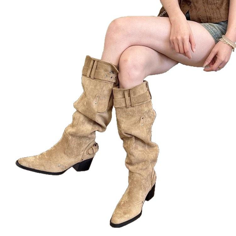 Aber Kniestiefel Kinder 2025 Herbst und Winter Khaki Wildleder spitze Stiefel Kinder dicker Absatz dünne plissierte Stulpenstiefel