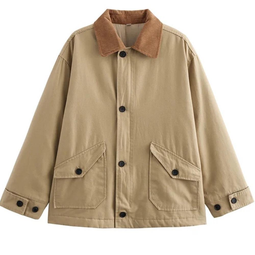 

Women s Patchwork Bump Colour Design Single Breasted Lapel Jacket Casual Retro Style Long Sleeve Warm Cotton Jacket L