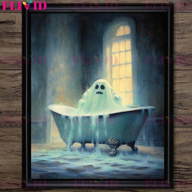 Dunkler romantischer Geist in der Badewanne, Retro-Wandkunst, Ölgemälde, Horror und Horror, schöne Blase-Badewanne, Geisterkunst-Poster
