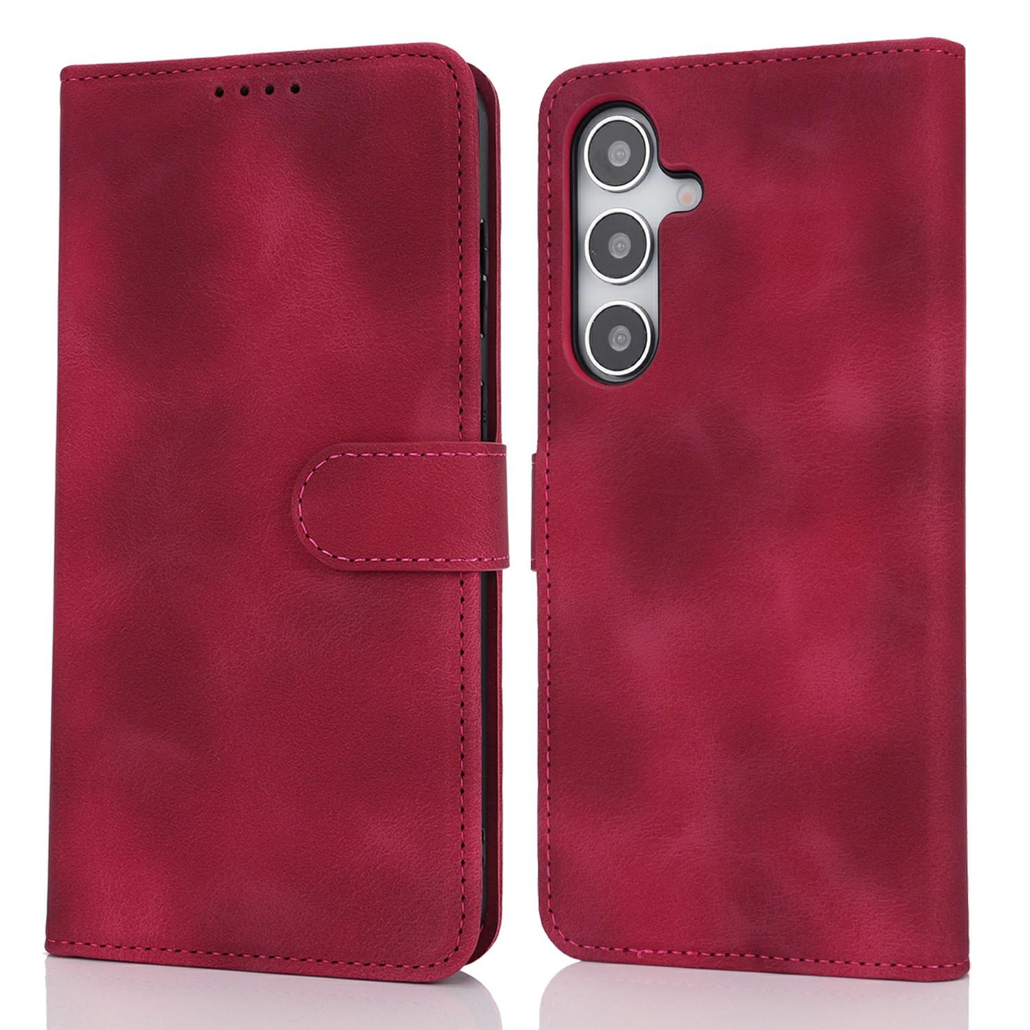

For Samsung Galaxy S25+ Wallet Case Double Folded Edge Skin Touch PU Leather Flip Phone Cover Wine Red