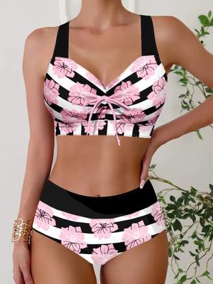 Sommermodischer, bequemer Urlaubs-Badeanzug für Damen, Bikini am Meer, rosa, mit Blumenmuster, zweiteilig, S-6XL