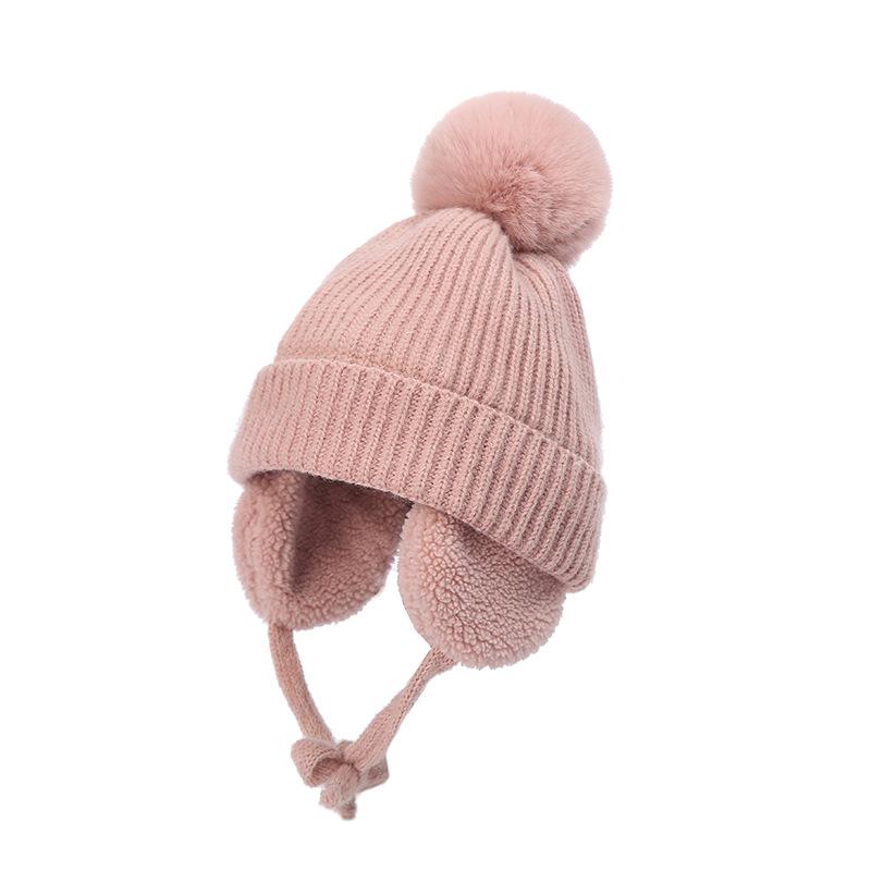 Winter Baby Knitted Hat With Earflaps Solid Color Pompon Beanie Cap Kids Boy Girl Thick Warm Plush Ear Protection Caps