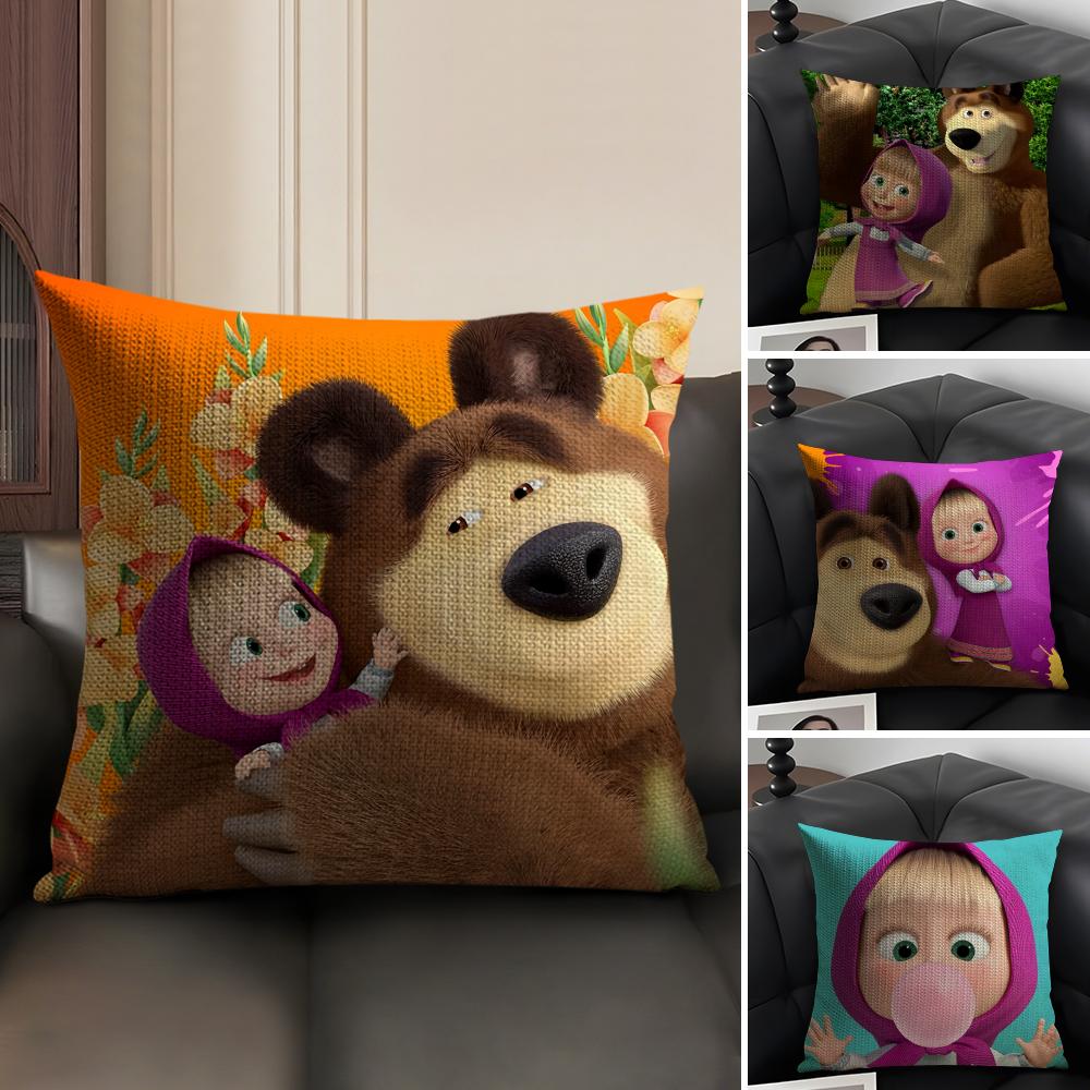 Anime MMasha And The Bear Cushion Cover Natural Linen Organic Fabric DoubleSided Printing Sofa Home Decor Gift Pillow Case