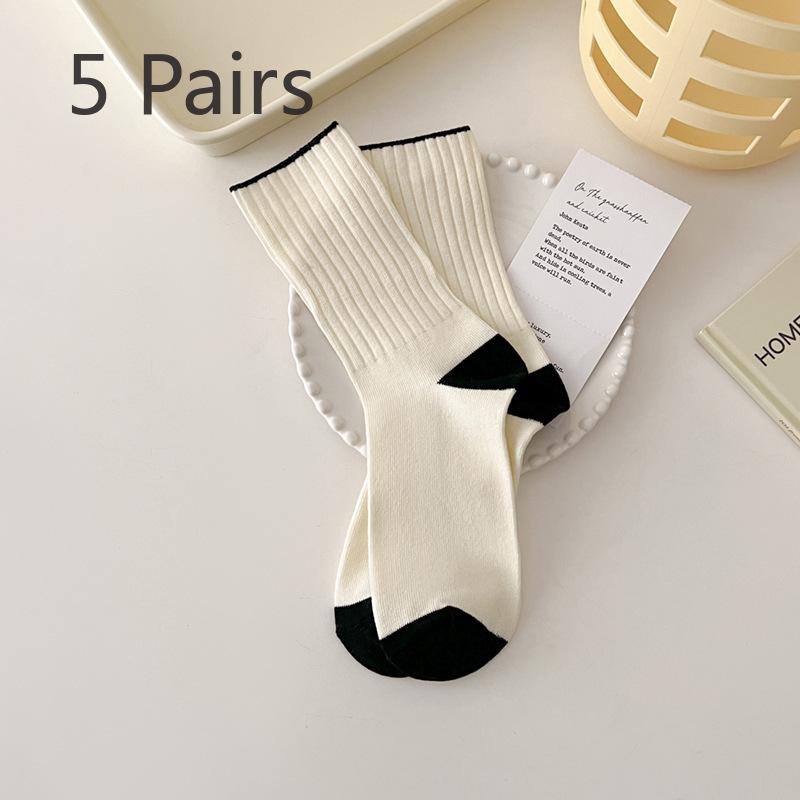 5 Paar Damen Frühling und Herbst Einfache Kontrastfarbene Baumwoll-Kniestrümpfe