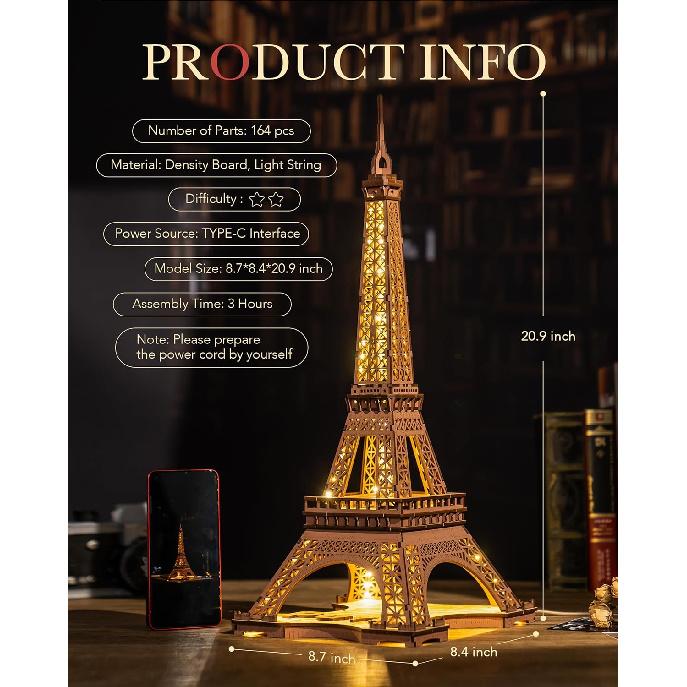Rowood Eiffel Tower,3D Puzzle Model Kits for Adults,DIY 3D Wooden Puzzles for Adults,Builing Set with LED,Home Decoration Festival Gift Idea
