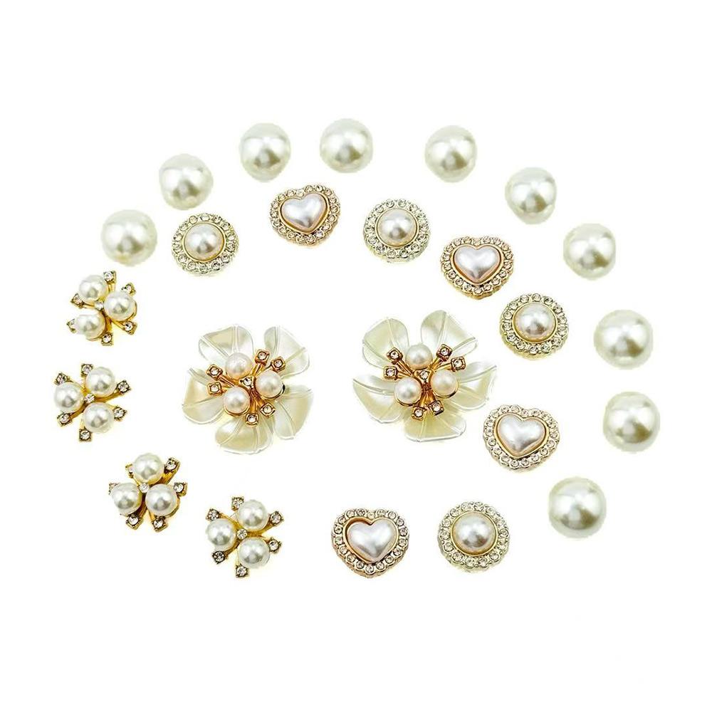 24PCS Summer Fashion Shoe Charms Set Accessories for Clogs Shoe Buckle Pearl Diamond Flower DIY Shoes Decorations
