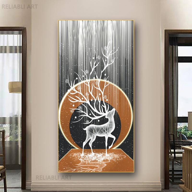 New Chinese Fengshui Golden Deer Canvas Painting Abstract Zen Stone Posters and Prints Modern Luxury Wall Art for Porch Decor