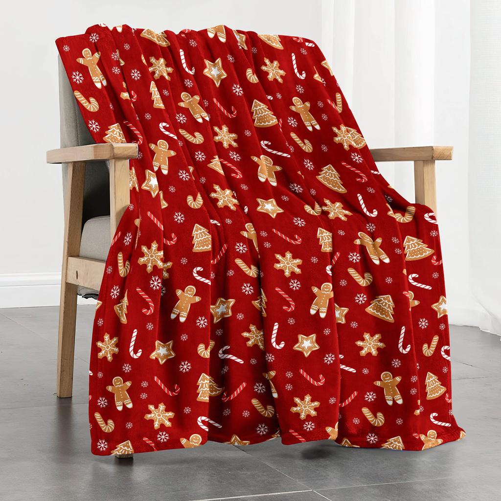 Gingerbread Tree Pattern Flannel Blanket Machine Washable Modern Red Blanket All Seasons Digital Printed Polyester Home Decor