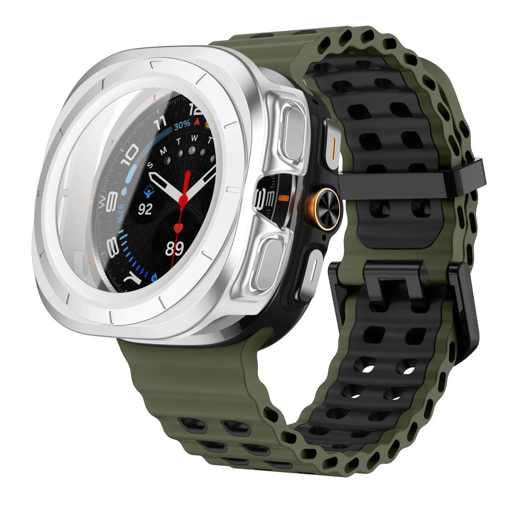 Gehärtetes Glas Case+Armband Für Samsung Galaxy Watch 7 ultra 47mm Zweifarbiges Sport-Silikonarmband Galaxy Watch Ultra7 Hülle