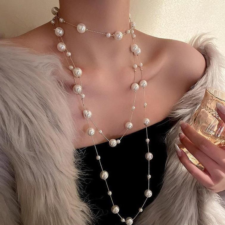 Women S Long Pearl Sweater Chain Luxury Unique Clavicle Necklace