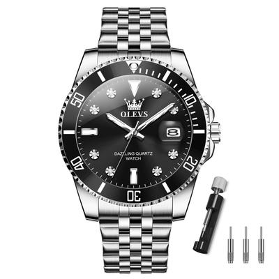 Popular Olevs Silver Waterproof Analog Quartz Watch with Black Stylish Stainless Steel Watch with Date Simple Large Perfect Gift for College Students