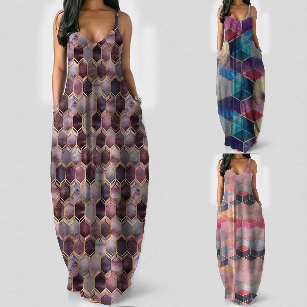 Women's fashion plus size women's polygonal print sexy deep V long dress