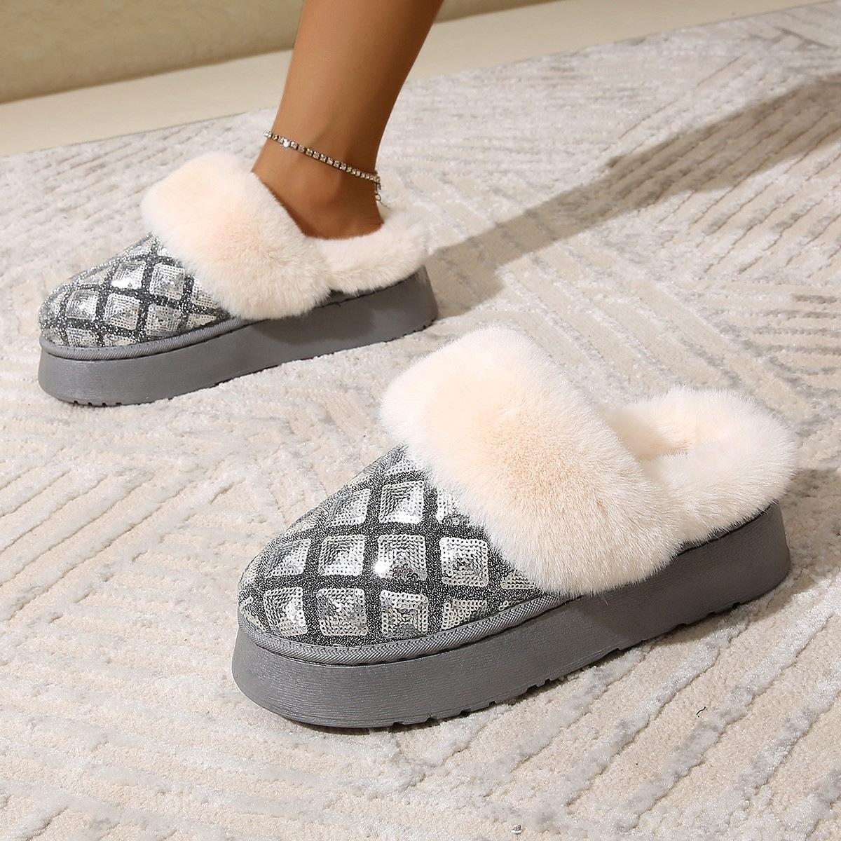 

Half-towed women s winter new velvet warm sequins lazy pedal thick-soled cotton slippers outer wear women 41 серебряный