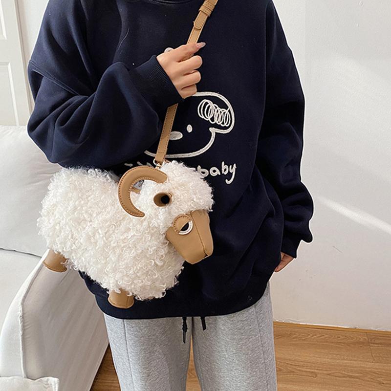 Lamb Shaped Plush Crossbody Bag Fluffy Curly Fur Texture With Faux Leather Details Kawaii Cartoon Style Women Cute Shoulder Bag