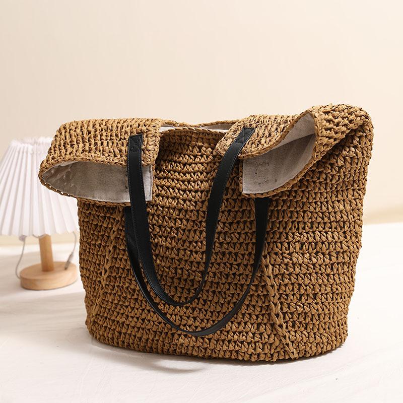 Large Hand-woven Summer Beach Handbag, Handmade Straw Tote Bag, Casual Top-handle Rattan Woven Semi-circle Clutch Bag for Women, Travel, Vacation