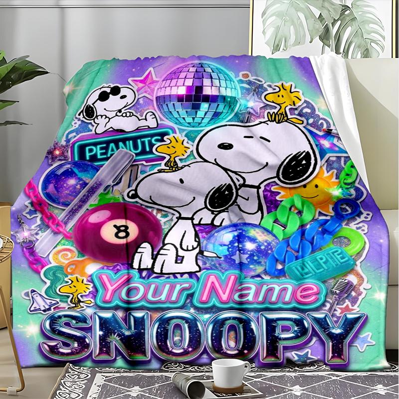 Custom Name Snoopy Flannel Fleece Blanket Cozy Warm Throw Blanket For Couch Bed Travel All Season Use