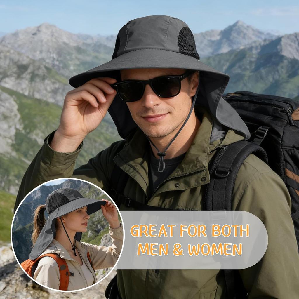 UPF 50+ Sun Hat with Neck Flap for Men Women, Wide Brim Hiking Fishing Hat UV Protection