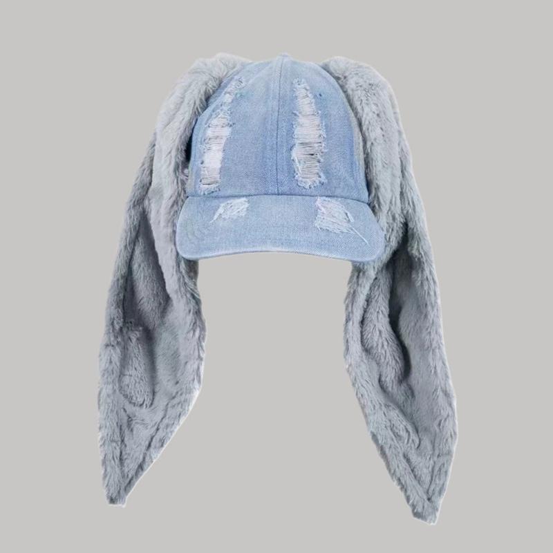 Casquette de Baseball à Visière Oreilles de Lapin Punk Sombre Denim Troué Tendance Chaîne Hip-Hop Personnalisée Style Abby pour Femmes 58 gray