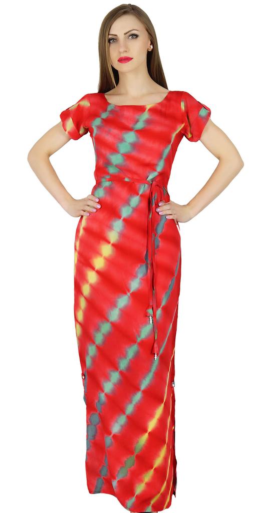 Bimba Women Red Rayon Maxi Dress Tie & Dye Summer Gown W  Slit Resort Wear