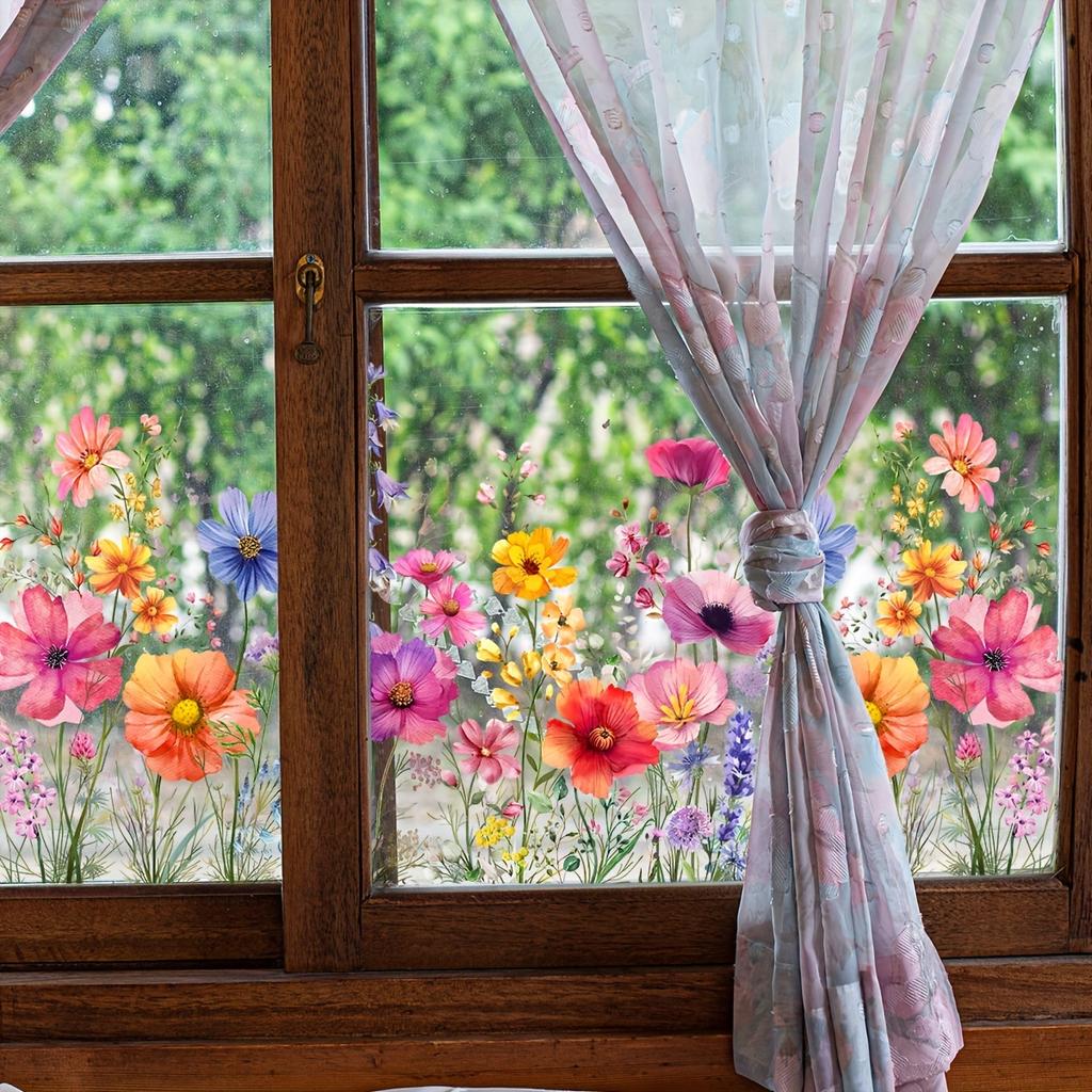 1pc Colorful Floral Bouquet Window Sticker, Plastic Flower Garden Decal For Living Room Bedroom, Home Wall Trim Decor
