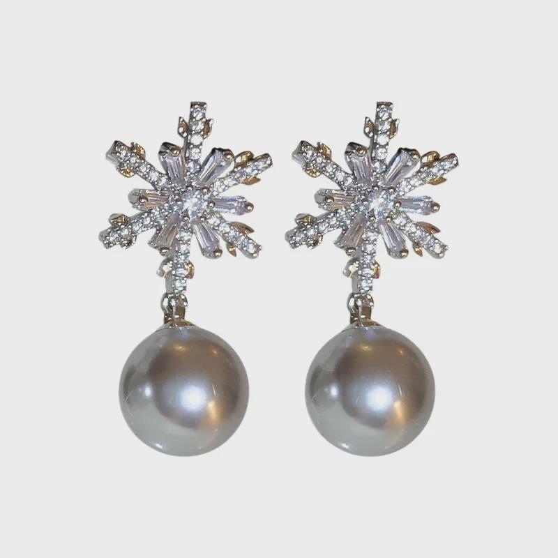 Zircon Snowflake Imitation Pearl Earrings - Light Luxury Silver Studs for Women